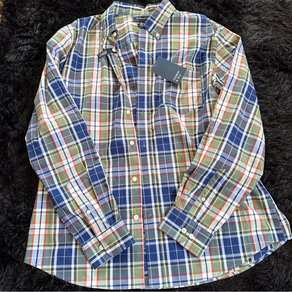 NWT Crown & Ivy Men's Plaid Shirt - Blue, Green, Orange Size L
